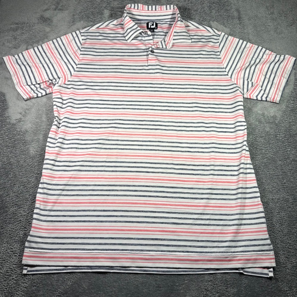 FootJoy Mens ProDry Striped Golf Polo Shirt White Navy Coral Large